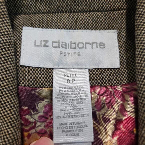 Vtg Liz Claiborne Classic Brown Wool Blend Blazer Peplum Cut Sz 8P Officecore - Picture 6 of 12